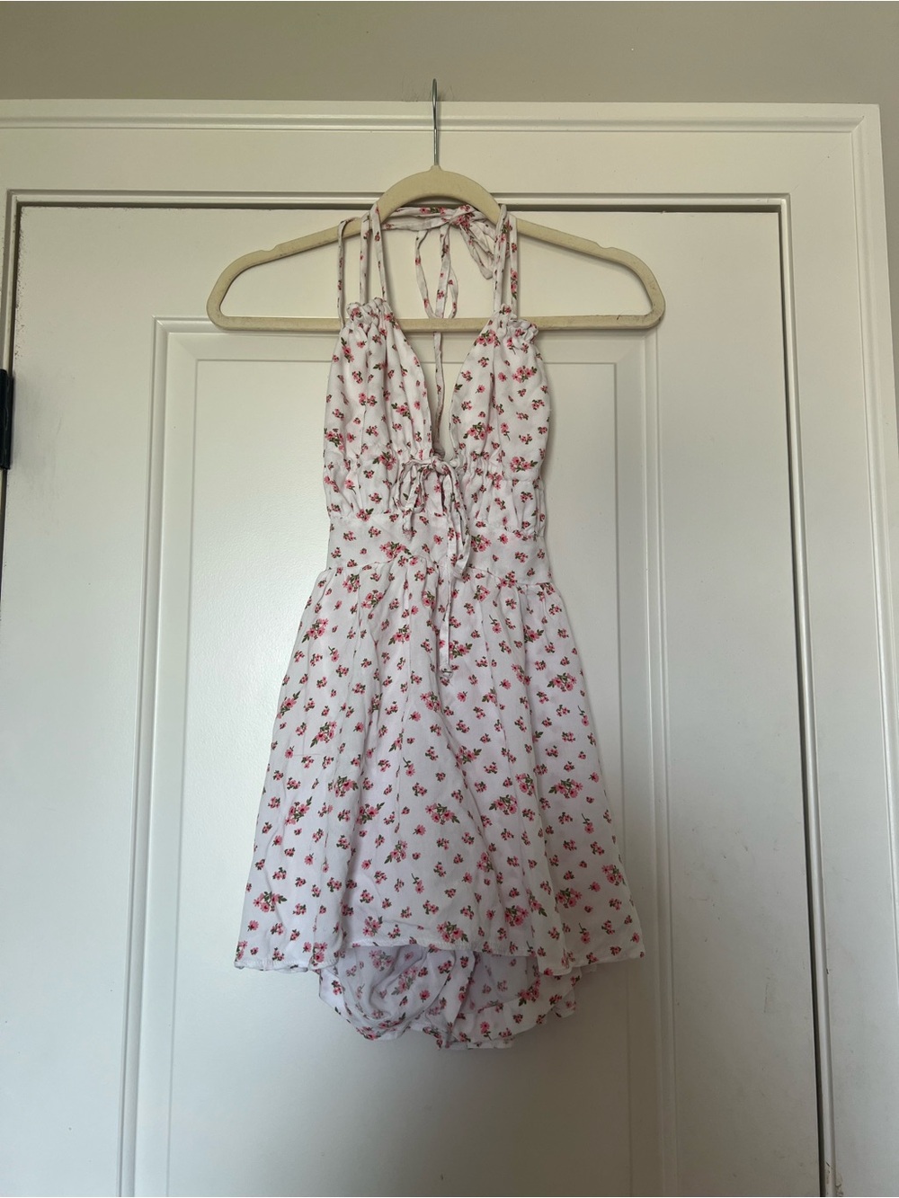 SHEIN White Floral Halter Romper with Red Print